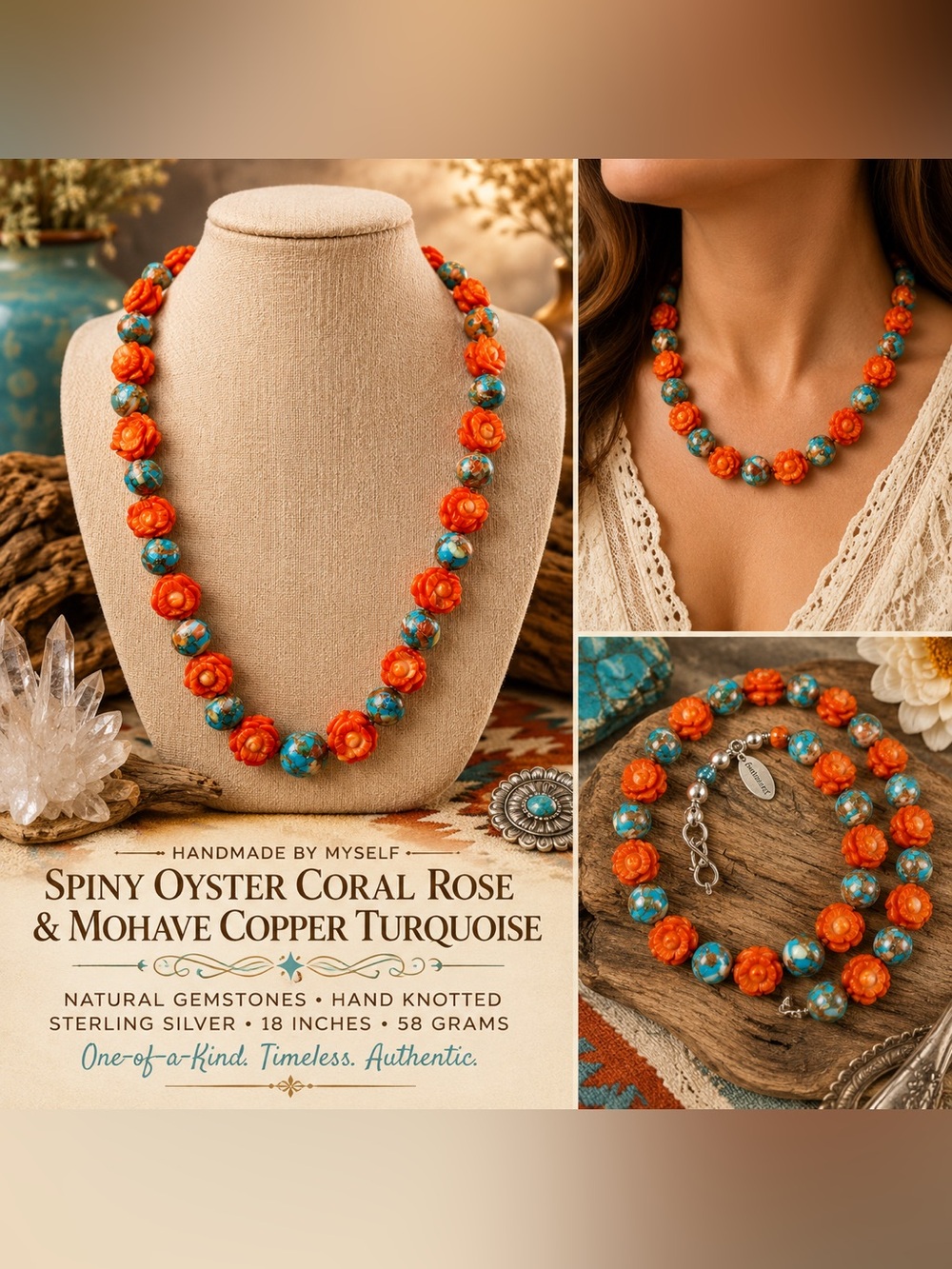 Artisan Spiny Oyster Mohave Copper Turquoise Coral Roses Sterling Necklace 18” - Picture 3 of 17
